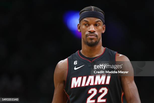 Jimmy Butler of the Miami Heat looks on against the Boston Celtics during the third quarter in game five of the Eastern Conference Finals at TD...