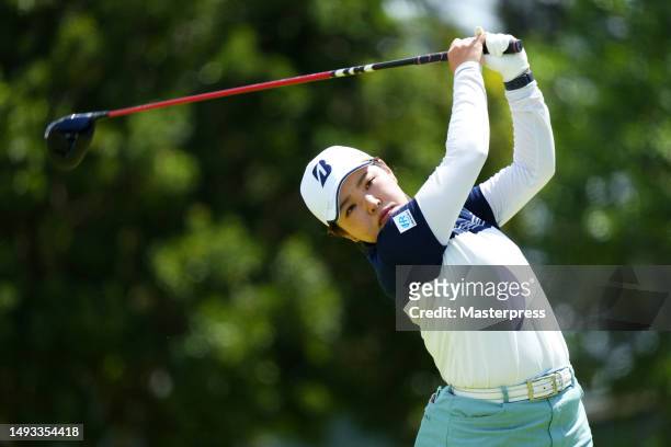Yu Tajima of Japan hits her tee shot on the 11th hole during the second round of resorttrust Ladies at Grandy Hamanako Golf Club on May 26, 2023 in...