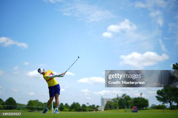 Mayu Hamada of Japan hits her tee shot on the 8th hole during the second round of resorttrust Ladies at Grandy Hamanako Golf Club on May 26, 2023 in...