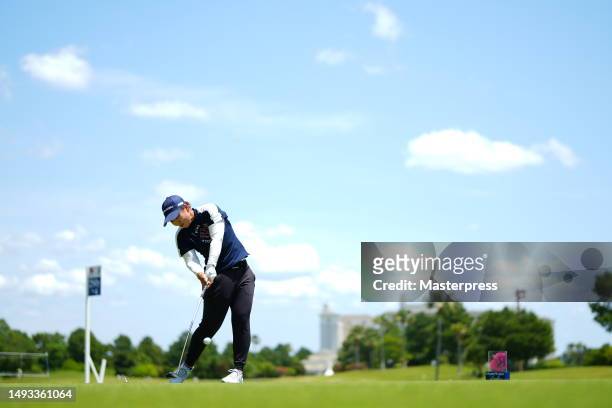 Mao Saigo of Japan hits her tee shot on the 8th hole during the second round of resorttrust Ladies at Grandy Hamanako Golf Club on May 26, 2023 in...