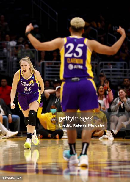 Karlie Samuelson of the Los Angeles Sparks reacts after a three-point basket during the second quarter against the Las Vegas Aces at Crypto.com Arena...