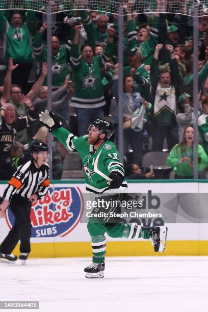 Joe Pavelski of the Dallas Stars celebrates a game-winning power play goal against the Vegas Golden Knights during overtime in Game Four of the...