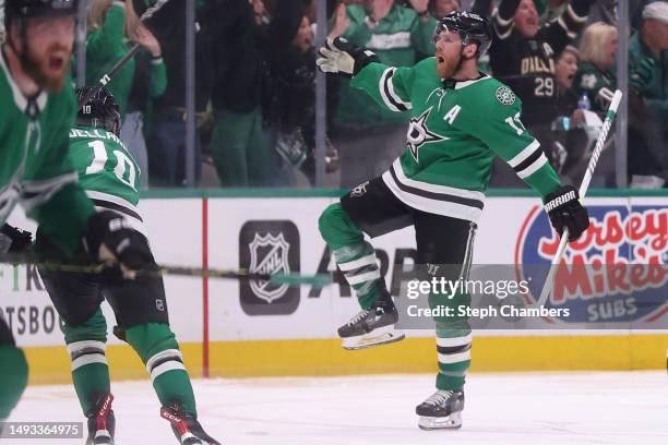 Joe Pavelski of the Dallas Stars celebrates a game-winning power play goal against the Vegas Golden Knights during overtime in Game Four of the...