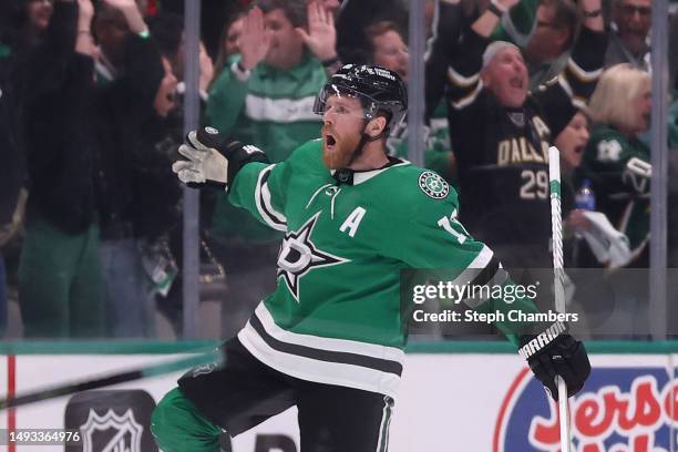 Joe Pavelski of the Dallas Stars celebrates a game-winning power play goal against the Vegas Golden Knights during overtime in Game Four of the...