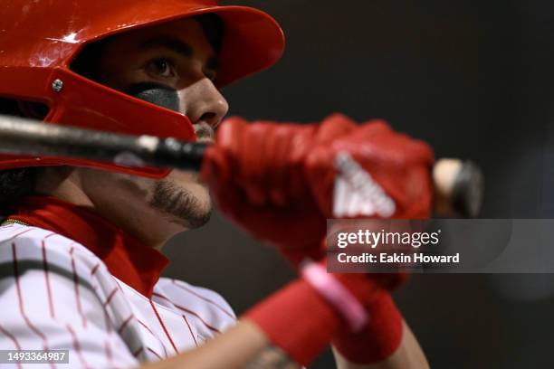 Eli Serrano III of the NC State Wolfpack prepares to bat against the Miami Hurricanes in the seventh inning during the ACC Baseball Championship at...