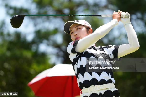 Shuri Sakuma of Japan hits her tee shot on the 9th hole during the second round of resorttrust Ladies at Grandy Hamanako Golf Club on May 26, 2023 in...