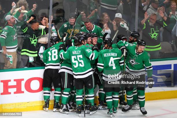 Joe Pavelski of the Dallas Stars celebrates a game-winning power play goal against the Vegas Golden Knights during overtime in Game Four of the...