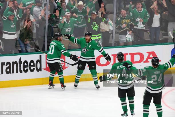 Joe Pavelski of the Dallas Stars celebrates a game-winning power play goal against the Vegas Golden Knights during overtime in Game Four of the...