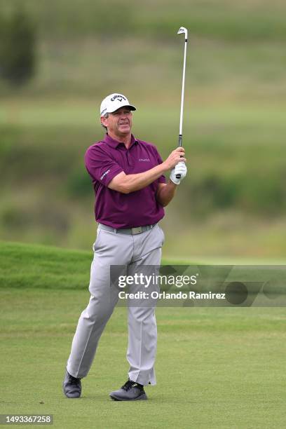 Lee Janzen plays a shot on the ninth hole during the first round of the KitchenAid Senior PGA Championship at Fields Ranch East at PGA Frisco on May...