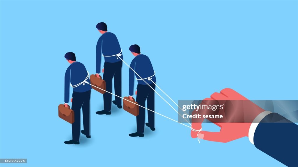 Illegal organizations, pyramid schemes, corporate management culture, dictatorial, domineering bosses manipulating employees, big hands pulling the strings to control businessmen