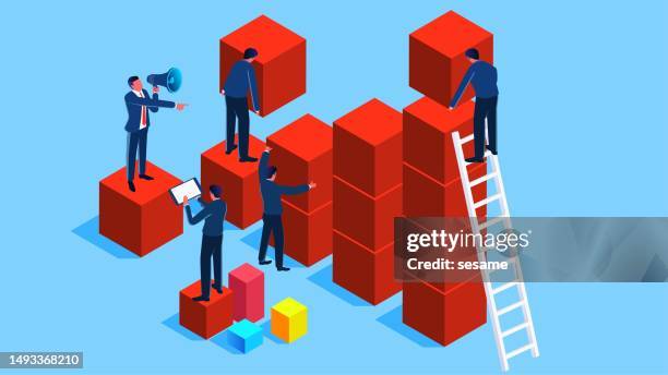 development or growth bar height, career or business development process, improved business or sales plan, more profit or revenue, higher bar for business team members teamwork building - efficient building stock illustrations