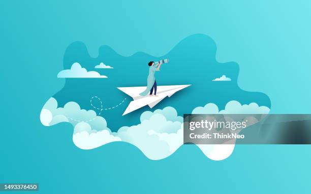 stockillustraties, clipart, cartoons en iconen met businesswoman stands on a flying paper plane. - airplane with banner