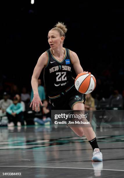 Courtney Vandersloot of the New York Liberty in action against the Indiana Fever at Barclays Center on May 21, 2023 in New York City. The Liberty...