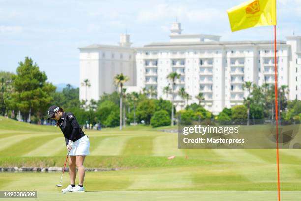 Erika Kikuchi of Japan attempts a putt on the 13th green during the second round of resorttrust Ladies at Grandy Hamanako Golf Club on May 26, 2023...