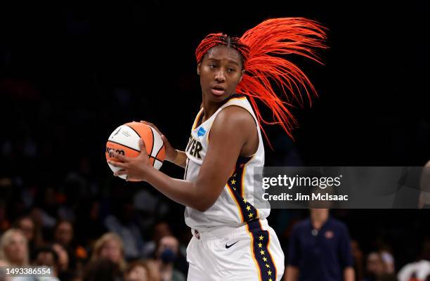 Aliyah Boston of the Indiana Fever in action against the New York Liberty at Barclays Center on May 21, 2023 in New York City. The Liberty defeated...