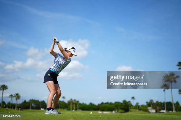 Karen Tsuruoka of Japan hits her tee shot on the 12th hole during the second round of resorttrust Ladies at Grandy Hamanako Golf Club on May 26, 2023...