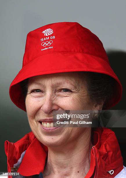 Princess Anne, Princess Royal watches on during the Archery Ranking Round on Olympics Opening Day as part of the London 2012 Olympic Games at the...