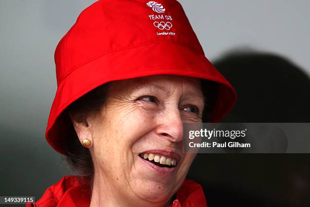 Princess Anne, Princess Royal watches on during the Archery Ranking Round on Olympics Opening Day as part of the London 2012 Olympic Games at the...