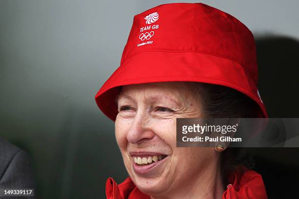 Princess Anne, Princess Royal watches on during the Archery Ranking Round on Olympics Opening Day as part of the London 2012 Olympic Games at the...