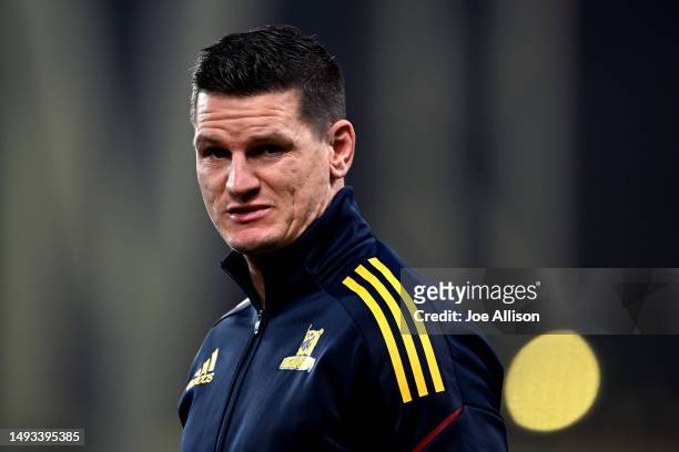 Freddie Burns of the Highlanders looks on ahead of the round 14 Super Rugby Pacific match between Highlanders and Queensland Reds at Forsyth Barr...