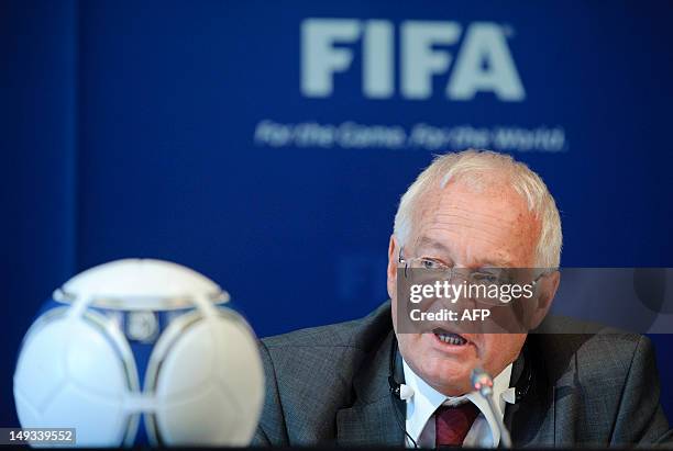 Hans-Joachim Eckert, Chairman of the adjudicatory chamber of the FIFA Ethics Committee, answers to journalists during a press conference at the...