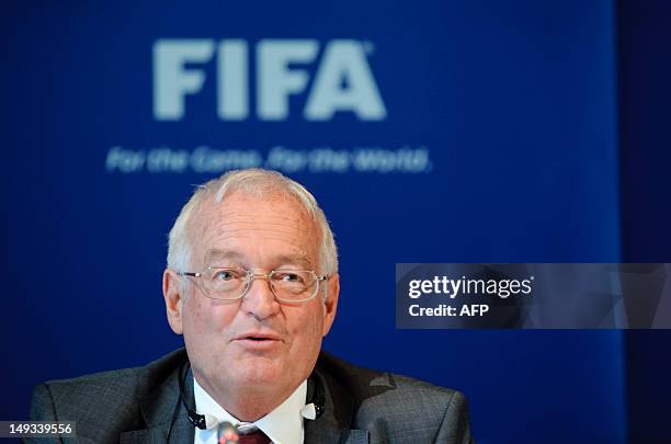 Hans-Joachim Eckert, Chairman of the adjudicatory chamber of the FIFA Ethics Committee, answers to journalists during a press conference at the...