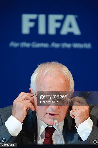 Hans-Joachim Eckert, Chairman of the adjudicatory chamber of the FIFA Ethics Committee, answers to journalists during a press conference at the...