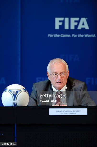 Hans-Joachim Eckert, Chairman of the adjudicatory chamber of the FIFA Ethics Committee, answers to journalists during a press conference at the...