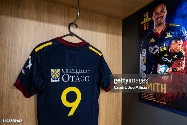 Aaron Smith of the Highlanders jersey is seen ahead of the round 14 Super Rugby Pacific match between Highlanders and Queensland Reds at Forsyth Barr...