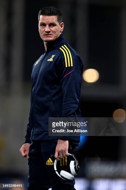 Freddie Burns of the Highlanders looks on ahead of the round 14 Super Rugby Pacific match between Highlanders and Queensland Reds at Forsyth Barr...