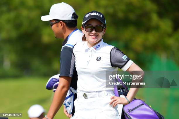 Kana Nagai of Japan smiles after the birdie on the 12th green during the second round of resorttrust Ladies at Grandy Hamanako Golf Club on May 26,...