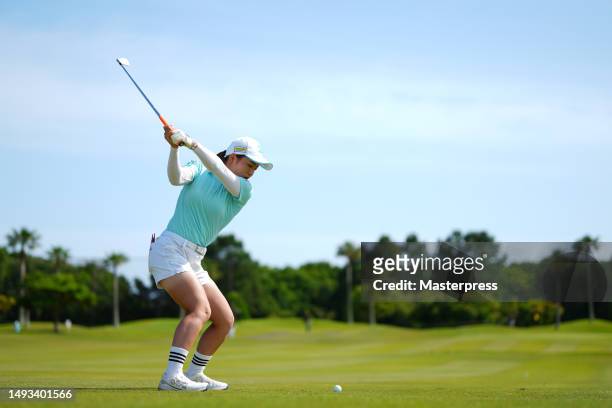 Miyu Sato of Japan hits her second shot on the 13th hole during the second round of resorttrust Ladies at Grandy Hamanako Golf Club on May 26, 2023...