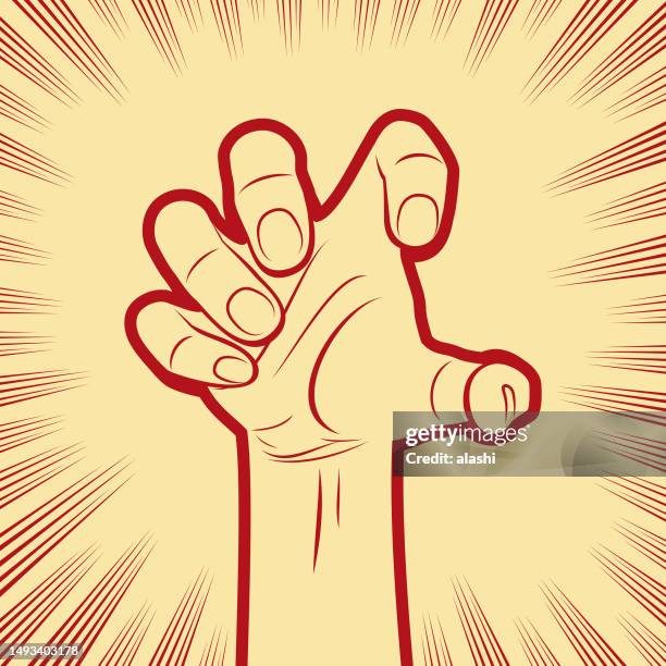 eine menschliche hand, die nach etwas greift, im hintergrund mit radialen manga-geschwindigkeitslinien - furious stock-grafiken, -clipart, -cartoons und -symbole