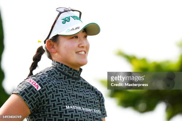 Chisato Iwai of Japan smiles on the 6th hole during the second round of resorttrust Ladies at Grandy Hamanako Golf Club on May 26, 2023 in Hamamatsu,...