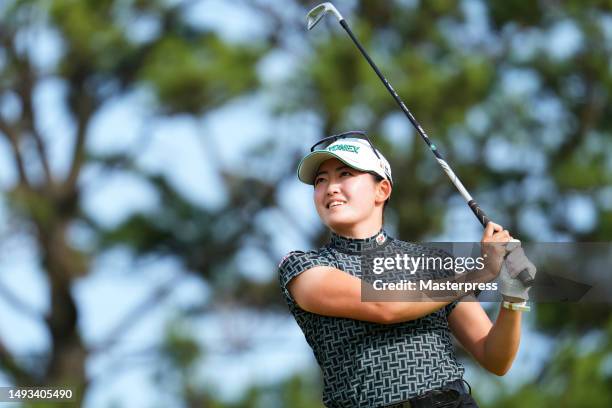 Chisato Iwai of Japan hits her tee shot on the 7th hole during the second round of resorttrust Ladies at Grandy Hamanako Golf Club on May 26, 2023 in...