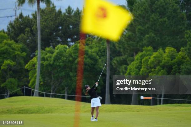 Erika Kikuchi of Japan hits her second shot on the 6th hole during the second round of resorttrust Ladies at Grandy Hamanako Golf Club on May 26,...