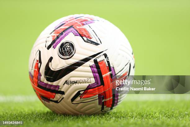 The official Premier League 2022/23 Nike match ball during the Premier League match between Manchester United and Chelsea FC at Old Trafford on May...