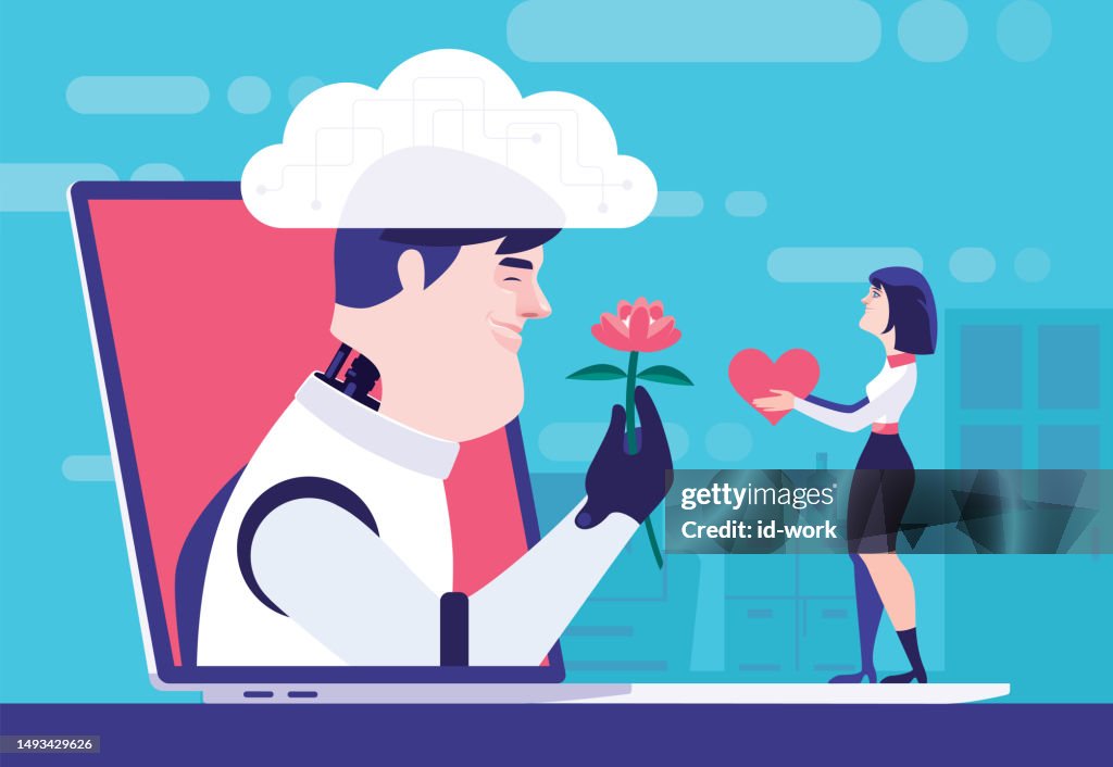 Woman holding heart and meeting robot man on laptop