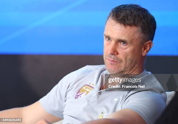 Head Coach of Al Ain FC, Sergei Rebrov attends a press conference ahead of the ADIB Cup Final match between Al Ain FC and Sharjah on May 26, 2023 in...