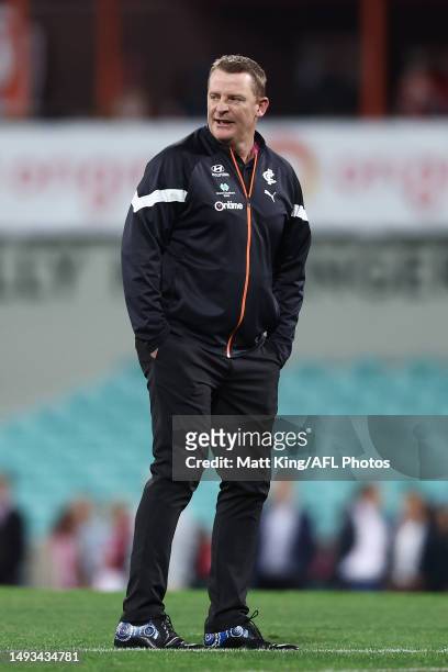 Blues head coach Michael Voss looks on before the round 11 AFL match between Sydney Swans and Carlton Blues at Sydney Cricket Ground, on May 26 in...