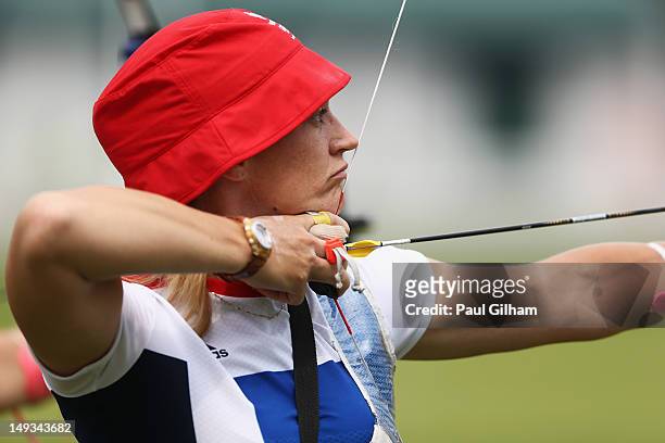 Alison Williamson of Great Britain in action during the Archery Ranking Round on Olympics Opening Day as part of the London 2012 Olympic Games at the...