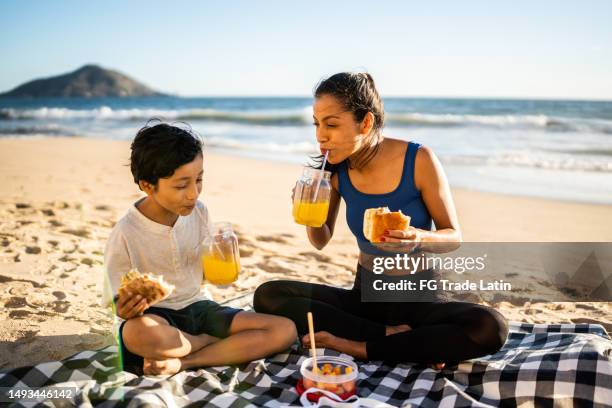 mother and son having a picnic on the beach - mexican picnic stock pictures, royalty-free photos & images