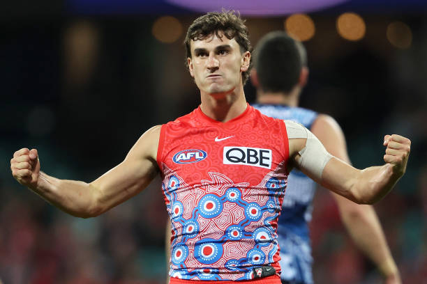 Sam Wicks of the Swans celebrates kicking a goal during the round 11 AFL match between Sydney Swans and Carlton Blues at Sydney Cricket Ground, on...