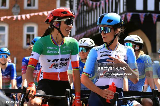 Elisa Balsamo of Italy and Elizabeth Deignan of The United Kingdom and Team Trek - Segafredo prior to the 6th RideLondon Classique 2023, Stage 1 a...