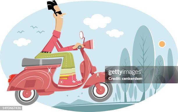 scooter in nature - man riding motorcycle clip art stock illustrations