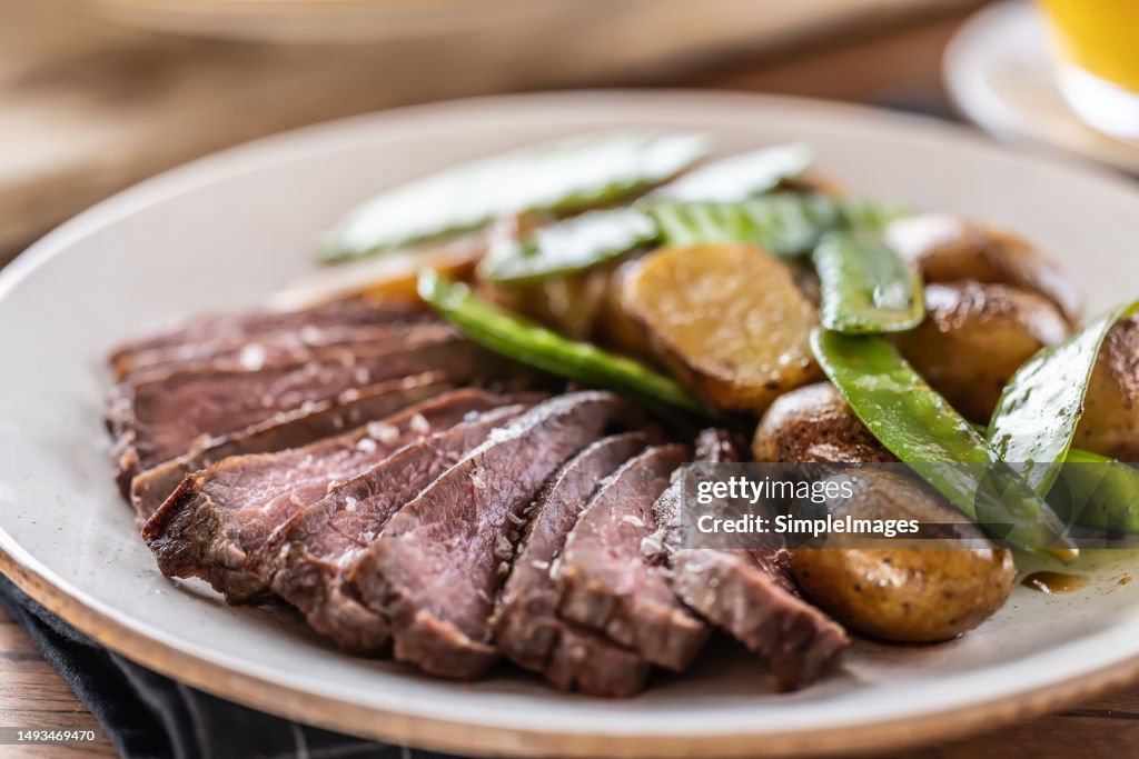 Sliced flank steak with baked potatoes and pea pods served on a plate.