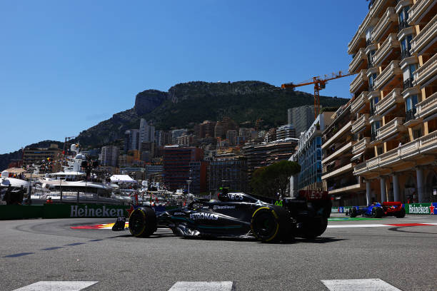 F1 Grand Prix of Monaco - PracticeMONTE-CARLO, MONACO - MAY 26: Lewis Hamilton of Great Britain driving the (44) Mercedes AMG Petronas F1 Team W14 on track during practice ahead of the F1 Grand Prix of Monaco at Circuit de Monaco on May 26, 2023 in Monte-Carlo, Monaco. Formula 1. Gets pipped by Carlos Sainz.