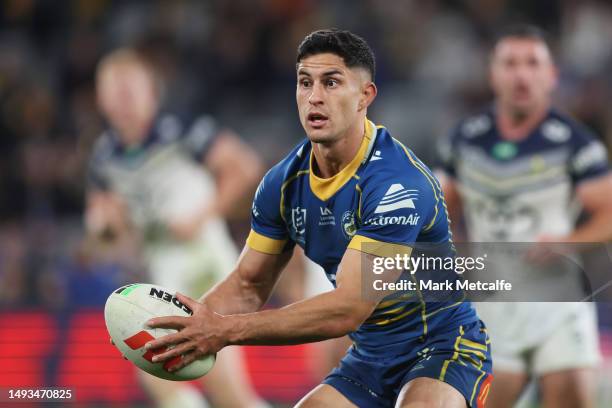 Dylan Brown of the Eels runs with the ball during the round 13 NRL match between Parramatta Eels and North Queensland Cowboys at CommBank Stadium on...