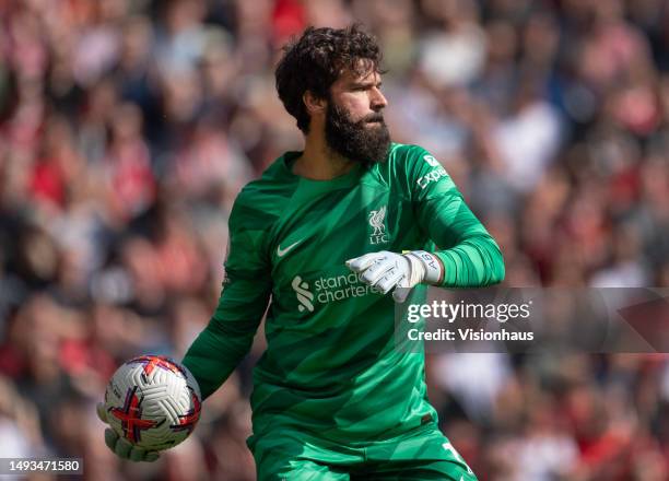 Liverpool goalkeeper Alisson Becker during the Premier League match between Liverpool FC and Aston Villa at Anfield on May 20, 2023 in Liverpool,...