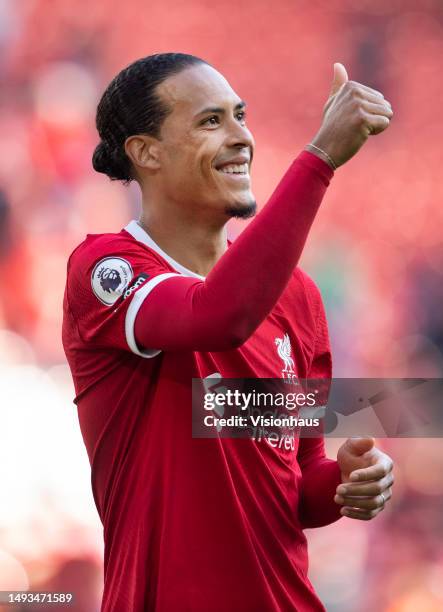 Virgil van Dijk of Liverpool acknowledges the fans after the Premier League match between Liverpool FC and Aston Villa at Anfield on May 20, 2023 in...